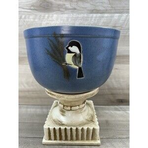 POD Studio Art Pottery Blue Chickadee Bowl/Planter 8" Edgecomb Maine Signed Vtg